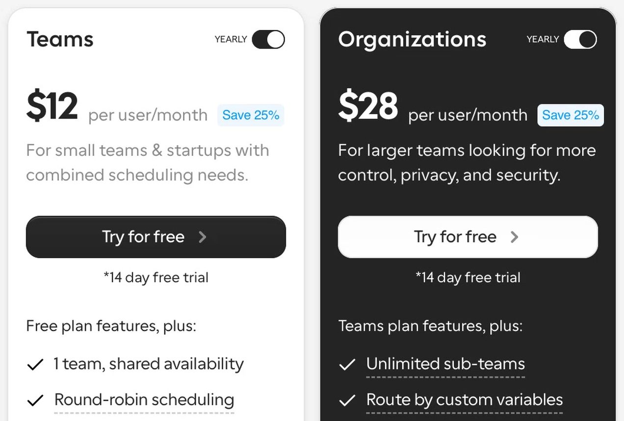 The Teams and Organizations cards on Cal.com's pricing page as they were recorded, with nothing drawn on them.