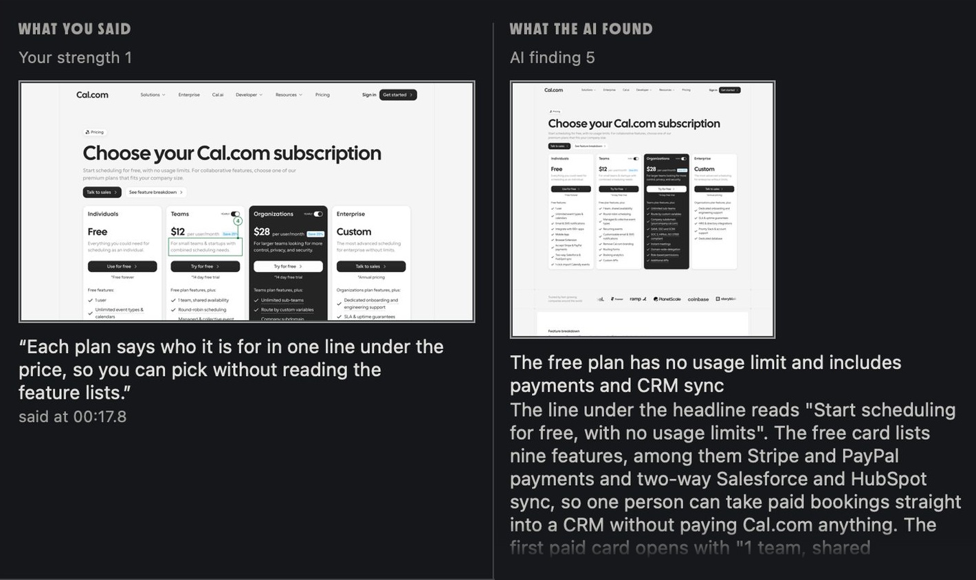 Your note and the AI's finding side by side in the Callouts app: your strength about each plan's one-line description, and the AI's finding that the free plan has no usage limit.